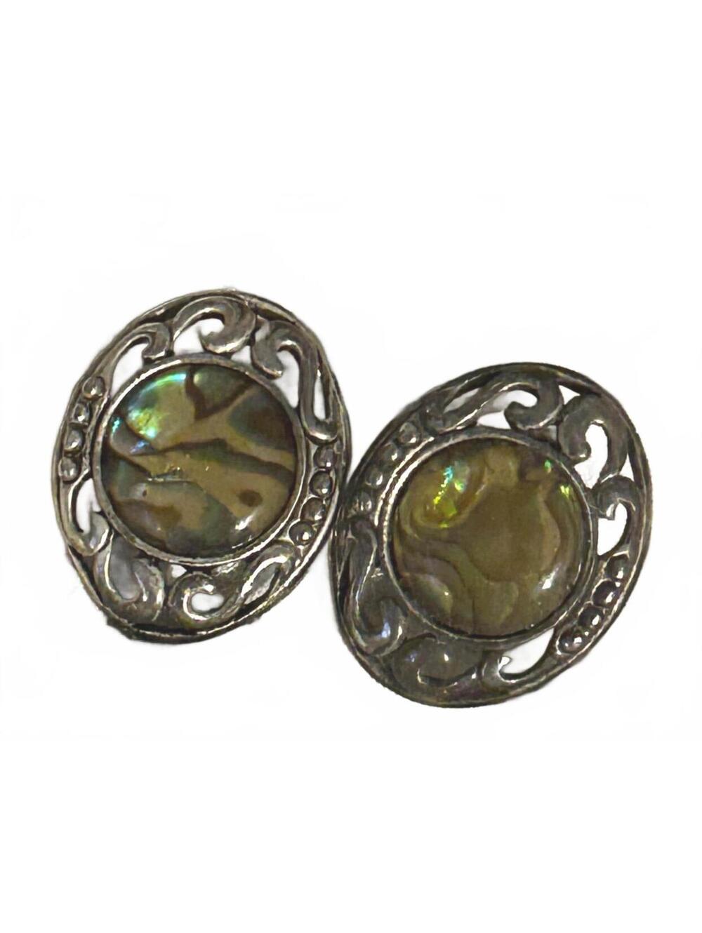 Vintage Abalone Seashell Unique Earrings Silver Toned